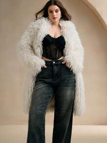 Anewsta Plus Size Women Fluffy Elegant Long Coat, Fashionable Outerwear For Autumn & Winter - White - View 1