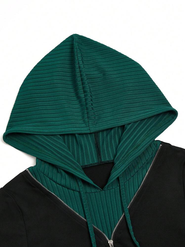 SHEIN LUNE Robe mi-longue casual à capuche simple pour femme, avec fermeture à glissière frontale et patchwork de couleur unie - Multicolore - Voir 4