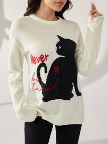 Modelyn 女士优雅圆领卡通猫图案套头衫 - 白色 - 查看 7