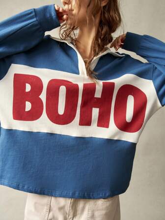 Bohemela Casual Sports Color Block Turndown Collar Long Sleeve Loose Regular Women Sweatshirt