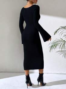 SHEIN Unity 法式时尚百搭喇叭袖针织毛衣裙 - 黑色 - 查看 2