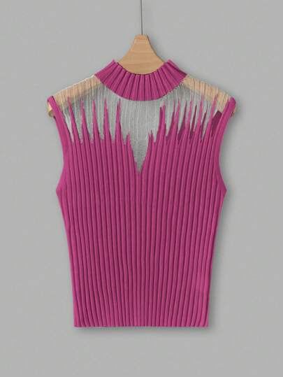 SHEIN Clasi 1pc Women Colorblock Round Neck Sleeveless Knitted Sweater Top, For Autumn