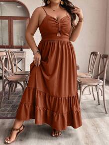 SHEIN LUNE Plus Size Solid Color Hollow Out Ruffle Hem Spaghetti Strap Dress Maxi Women Outfit