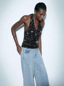 SHEIN Maija 优雅都市时尚女士黑色闪亮亮片装饰上衣，适合返校、节日派对和度假，秋冬新品