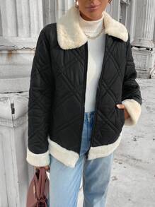 SHEIN LUNE 复古摩托车风格超大蓬蓬领女式厚夹克冬季外套女款 - 黑與白 - 查看 4
