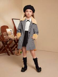 PrepCrw Young Girls Houndstooth Print Pocket Front Button Elegant Winter Long Sleeve Coat