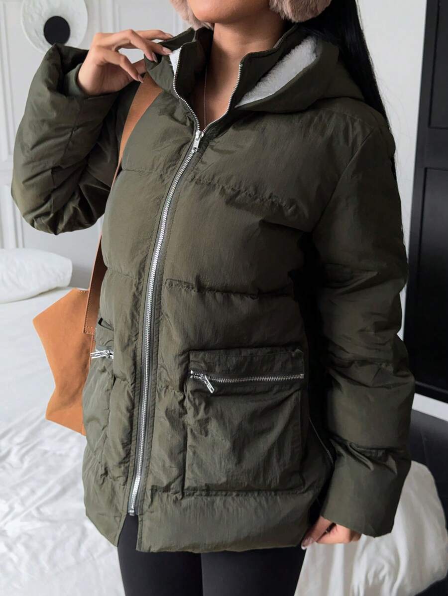 SHEIN EZwear 绿色编织女式连帽拉链口袋冬季长袖外套 - 軍綠色 - 查看 1