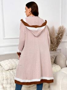 SHEIN Frenchy Casual Khaki Long Hooded Cardigan Sweater Jacket With Pockets, Suitable For Leisure & Homewear, Autumn/Winter