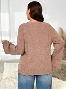 SHEIN Frenchy Plus Size Faux Pearl Button Deep V-Neck Long-Sleeved Knitted Cardigan Spring - Khaki - View 2