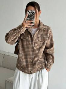 Flirla Women's Casual Vintage Plaid Fleece Button-Up Jacket, Autumn