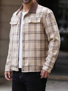 Manfinity Homme 秋季男士撞色灯芯绒领长袖格子单排扣休闲夹克 - 卡其色 - 查看 4