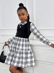 SHEIN Leap Crew Tween Girls Casual Street Style Black & White Plaid Patchwork Ruched Flared Hem Collar Long Sleeve Dress, Suitable For Autumn/Winter - Black - View 3