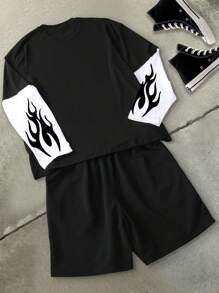 Manfinity EMRG 1set Men's Solid Patchwork Round Neck Long Sleeve Letter Print Casual Top And Pants Set