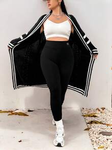 Elenzga Cárdigan largo informal de talla grande con bloques de color y rayas, otoño/invierno - Negro - Ver 8