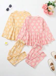 SHEIN 2pcs/Set Young Girl Floral Print Ruffle Hem Long Sleeve Top & Elastic Waist Pants - Multicolor - View 2