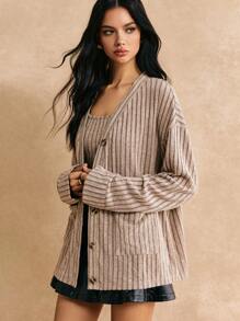 Poéselle Knitted Set, Elegant Ladies Cardigan And Knitted Vest Two-Piece Set, Light And Soft Knitted Fabric, Winter Wear, Christmas Gift, Christmas Warm Women's Clothing, Brown Set, Brown Vest,2024 AW - Khaki - View 7