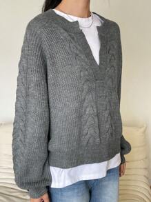 DAZY 1 pieza Suéter suelto de mujer de unicolor con patrón de cable, de cuello en V, de manga larga, ropa de otoño - Gris Oscuro - Ver 5
