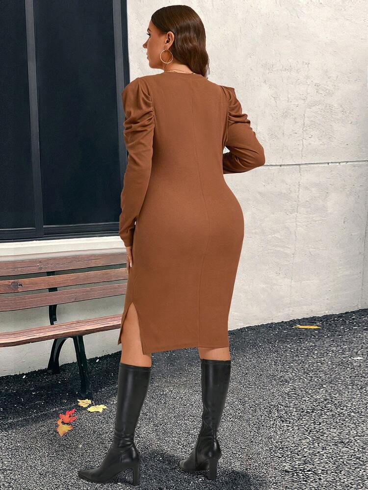 Plus Size Elegant Solid Color Bishop Sleeve Fitted Dress,Brown Knitted Bodycon Dress, Autumn&Winter Women Clothes