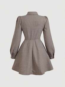 SHEIN MOD Plus Size Retro Collegiate Plaid Print V-Neck Midi Dress - Brown - View 2