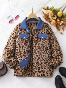 SHEIN 少女时尚休闲豹纹毛绒夹克 - 棕色 - 查看 1