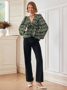 Almamuse Dames V-hals allover print blouse met strik aan de voorkant en lange mouwen