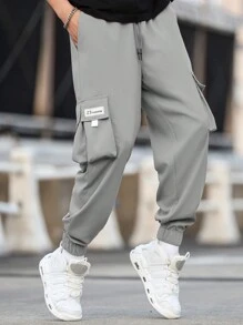 Manfinity Homme Men Plus Size Letter Patched Detail Flap Pocket Drawstring Waist Cargo Pants, Fall - Light Grey - View 6