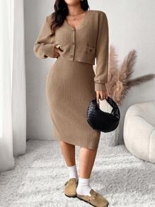 SHEIN Frenchy Plus Size Women's Solid Color Knitted Camisole Dress And Short Cardigan Set, For Autumn/Winter Fall/Winter - Mocha Brown - View 4