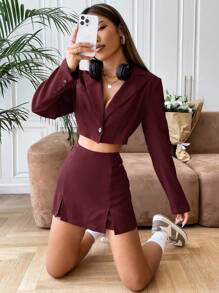 SHEIN EZwear Women Solid Color Front Button Long Sleeve Top And Mini Skirt Suit Set In Fall/Winter - Burgundy - View 6