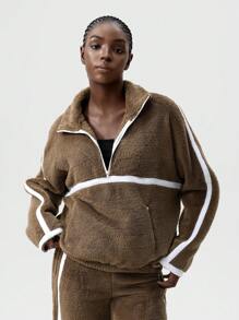 VARSITIE Fleece Hoodie Autumn And Winter Contrast Striped Plush Women Sports Jackets - Brown - View 4