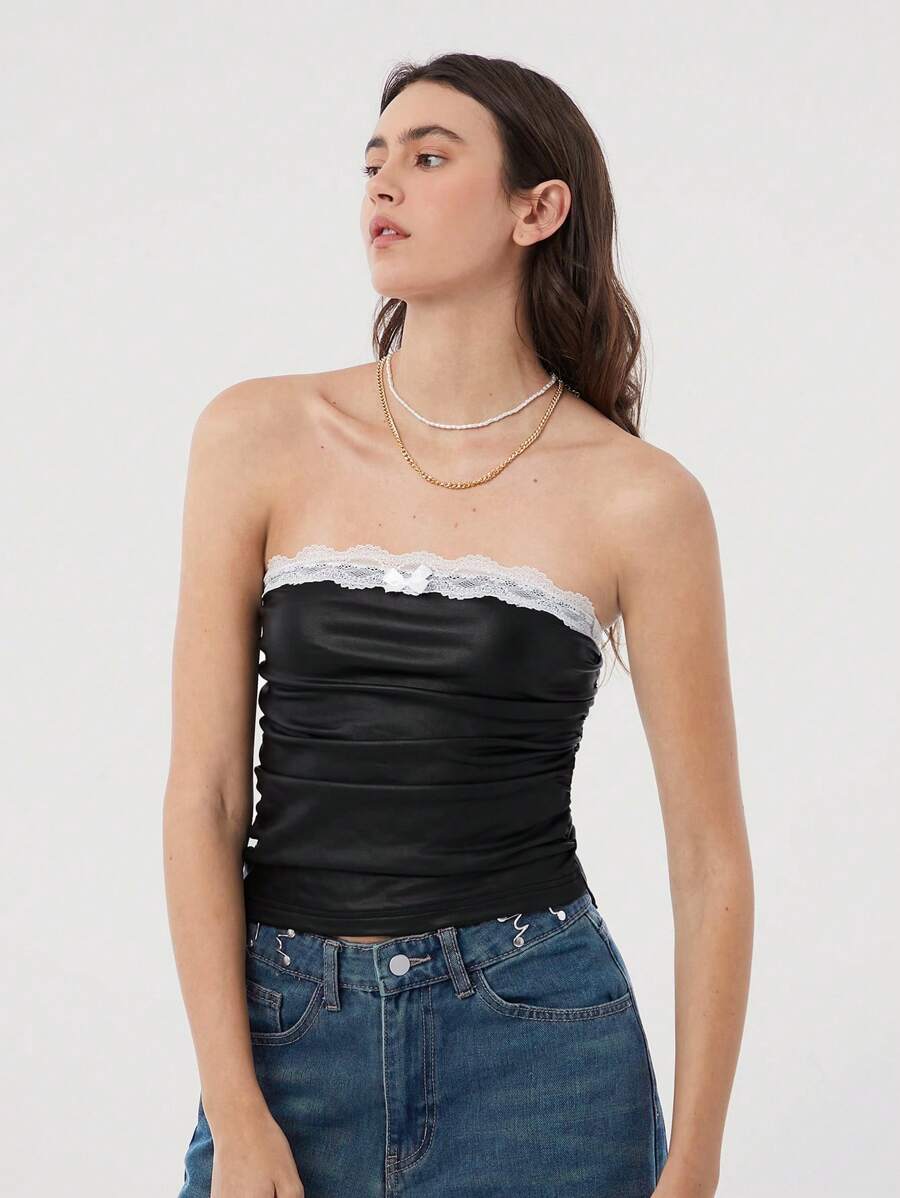 Muchica Áo ống ren tương phản và da giả co giãn gợi cảm mùa thu/đông - màu đen - Xem 1