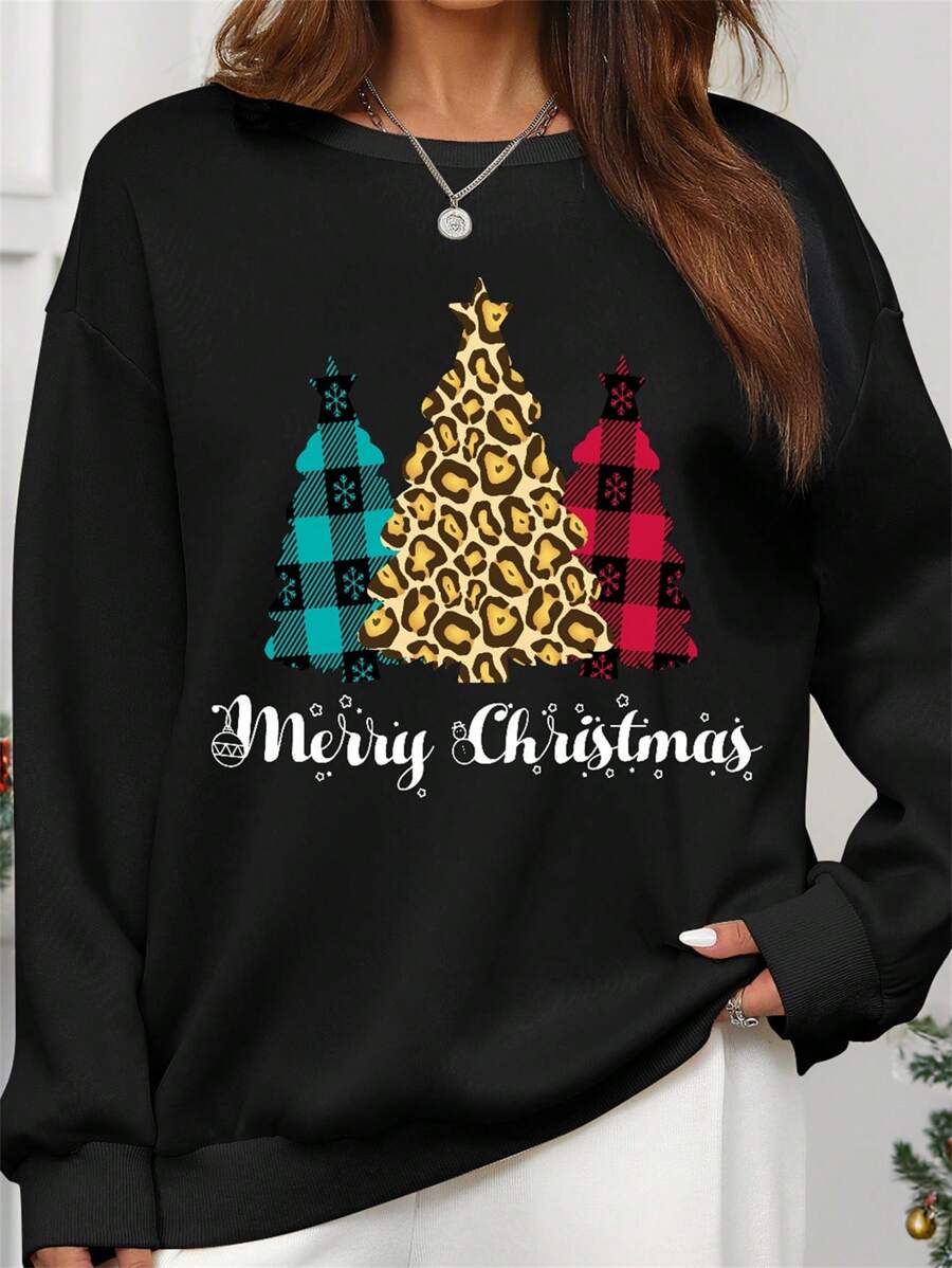 Calvaya Plus Christmas Tree & Slogan Graphic Thermal Pullover - Black - View 1