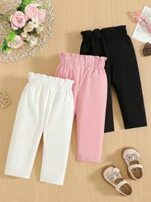 SHEIN Vintaside Kids 3 قطع/مجموعة بنطلونات بنات صغيرات ذات لون أحادي مزينة بفيونكة، مناسبة للخروجات اليومية، أنيقة في الربيع والخريف/الشتاء - متعدد الألوان - مشاهدة 3
