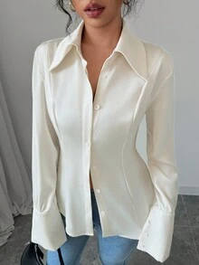 Elenzga 女士杏色大领褶皱长袖衬衫女士衬衫 - 杏色 - 查看 3