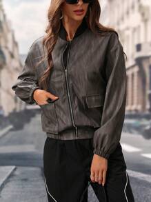 Chiquease Women's Casual PU Baseball Jacket, Spring & Autumn Fall Cloth For Women - Grey - View 5
