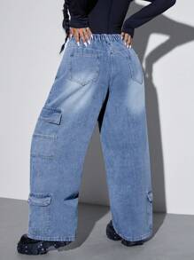 大码休闲洗水宽松直筒牛仔工装裤 - 淺色水洗藍 - 查看 2