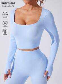 SHEIN Sovereign Charm 女士纯色长袖罗纹 T 恤和紧身裤无缝弹力运动服套装女士健身套装女士紧身裤套装 - 淺藍色 - 查看 3