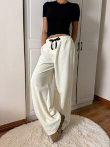 SHEIN EZwear 女式纯色羊毛长裤，秋冬款 - 杏色 - 查看 3