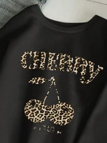 Muchica 休闲简约豹纹与樱桃印花图案宽松圆领长袖厚款女式运动衫 - 黑色 - 查看 5