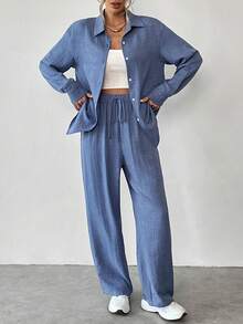 SHEIN LUNE 女士常规纯色休闲长袖衬衫和裤子套装 - 藍色 - 查看 6