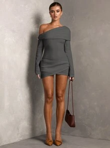 SHEIN BAE Women's Solid Color Asymmetric Neck Long Sleeve Elegant Mini Dress, Autumn