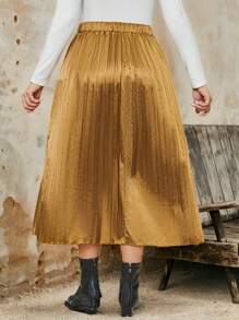 Plus Size Elastic Waist Pleated A-Line Skirt, Casual Everyday Wear, Autumn Fall Cloth For Women - Gold - View 2