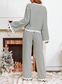 SHEIN VCAY Set de 2 piezas de mujer con top de raya y cinta de onda contrastante con nudo adelante y pantalón recto holgado, para primavera y otoño