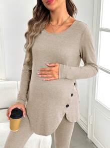 SHEIN Maternity Button Decor Curved Hem Long Sleeve Top And Leggings 2Pcs Outfit Set, Outfit Set, Autumn World Cup Fall - Khaki - View 3