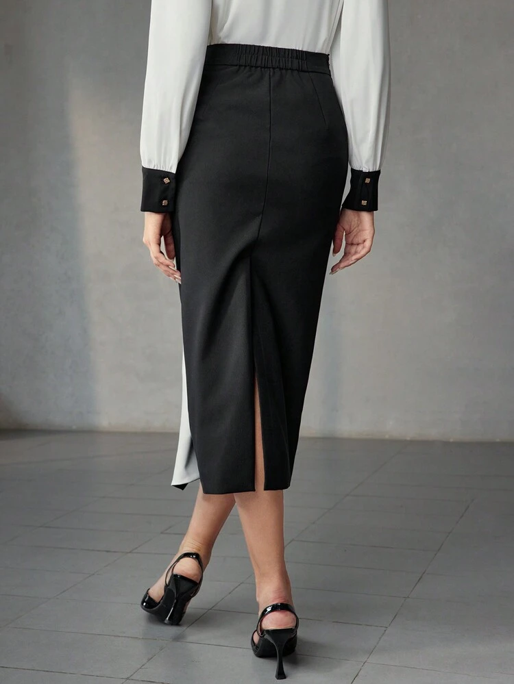 COLORBLOCK RUFFLE TRIM PENCIL SKIRT WITHOUT BELT