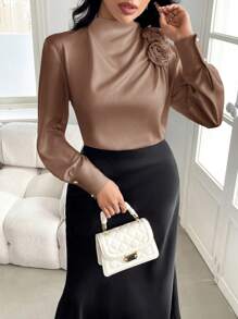 Modelyn Blusa casual de mujer de unicolor con decoración floral 3D de manga larga