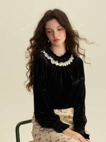 Simple Retro Women's Autumn And Winter Casual Small Collar Collision Splicing Black Retro Elegant Fit Long-Sleeved Shirt