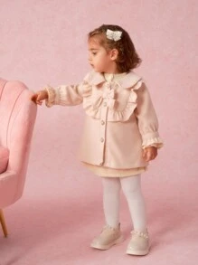 SHEIN Baby Girls' Stand Collar Bowknot Decor Long Woolen Coat For Formal Occasions In Fall And Winter - Apricot - View 12