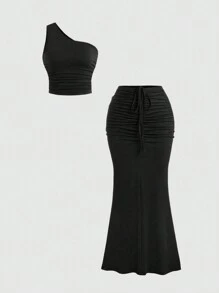 Sweetra 2pcs/Set Oblique Shoulder Ruched Top & Drawstring Waist Fishtail Skirt Y2K Outfit  - Black - View 1