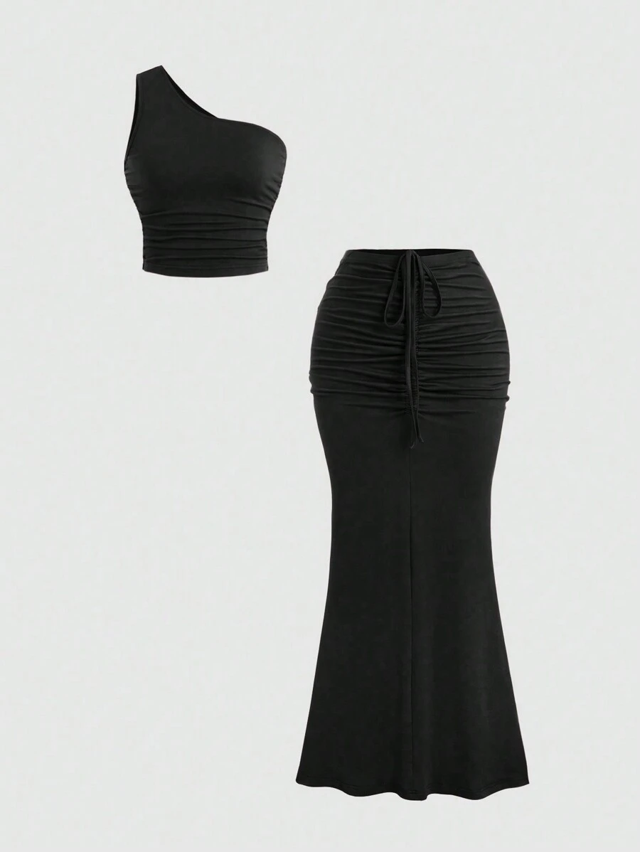 Sweetra 2pcs/Set Oblique Shoulder Ruched Top & Drawstring Waist Fishtail Skirt Y2K Outfit  - Black - View 1