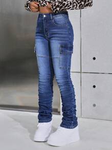 SHEIN 少女牛仔裤 Y2K 时尚翻盖口袋侧边工装叠层牛仔裤，斜插口袋，秋冬街头风 - 中等水洗藍 - 查看 7